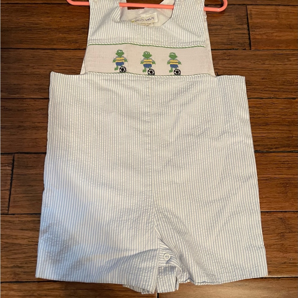 Secret Wishes Striped Blue Seersucker Kids One Piece Smocked Frog Soccerball